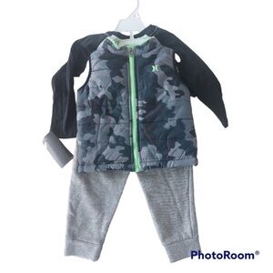 Hurley Boy's 3 Piece Puffer Vest Long Sleeve Shirt & Jogger Set-Green